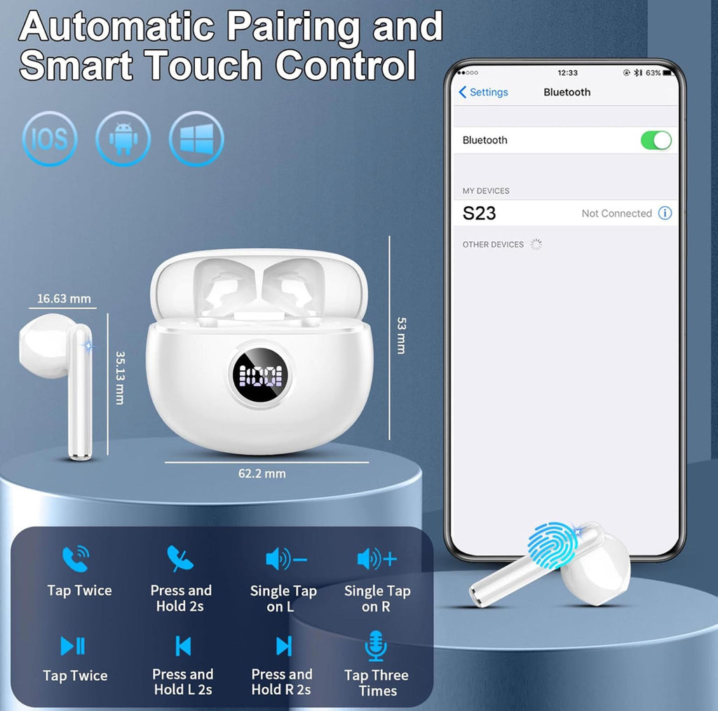 (MSRP $29.99) BT5.3 Earbuds – 40 Hrs Playtime, ENC Mic, LED Case, IP7 Waterproof