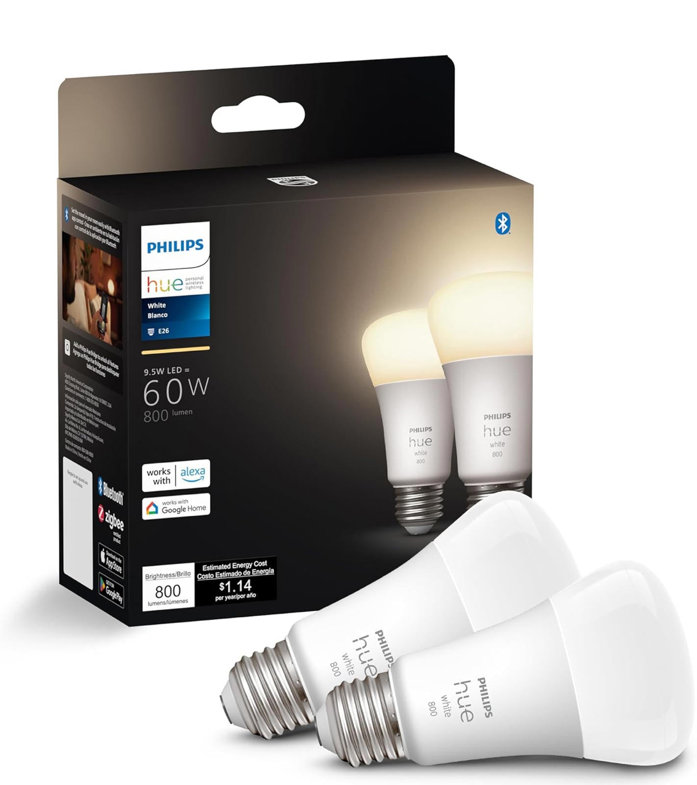 (MSRP $39.99) Philips Hue White A19 Smart LED Bulbs 2‑Pack, 60 W Eq., Soft White