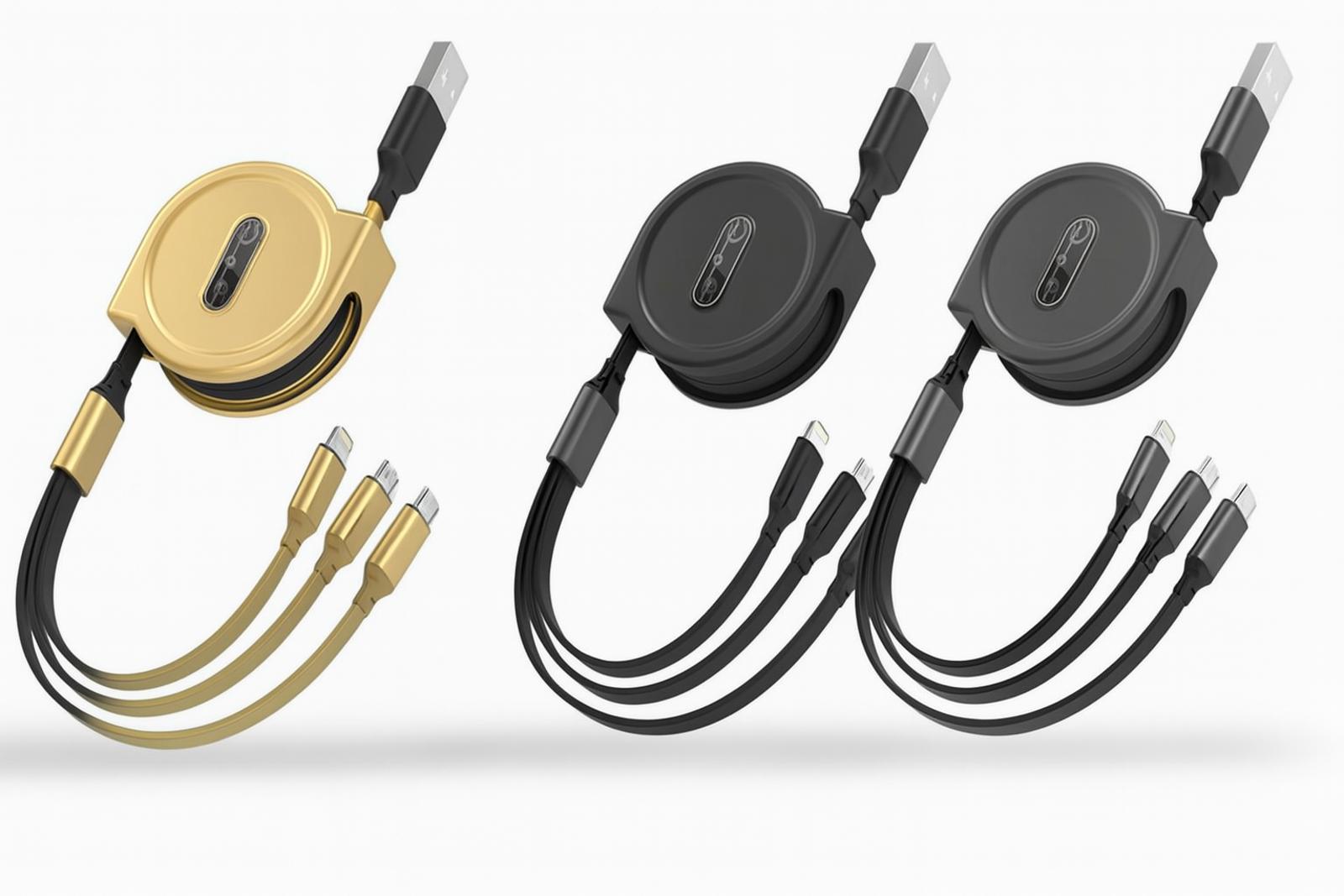 (MSRP $21.99) 3-in-1 Retractable USB Charger Cable – 3-Pack (Black/Gold/Grey)