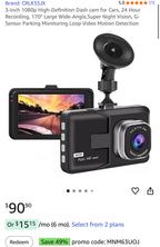 (MSRP $39.99) 3” 1080p Dash Cam 170° Wide Angle, Night Vision, G-Sensor, Loop Re