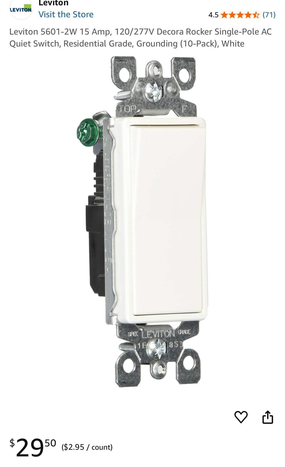 (New, MSRP $29.95) 10 pack Leviton 5601-2W 15 Amp, Decora Single-Pole Quiet