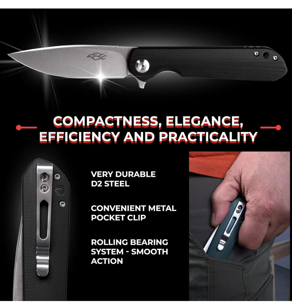 (MSRP $39.99) Firebird Ganzo FH41S-BK Folding Knife, D2 Steel Blade, G10 Handle