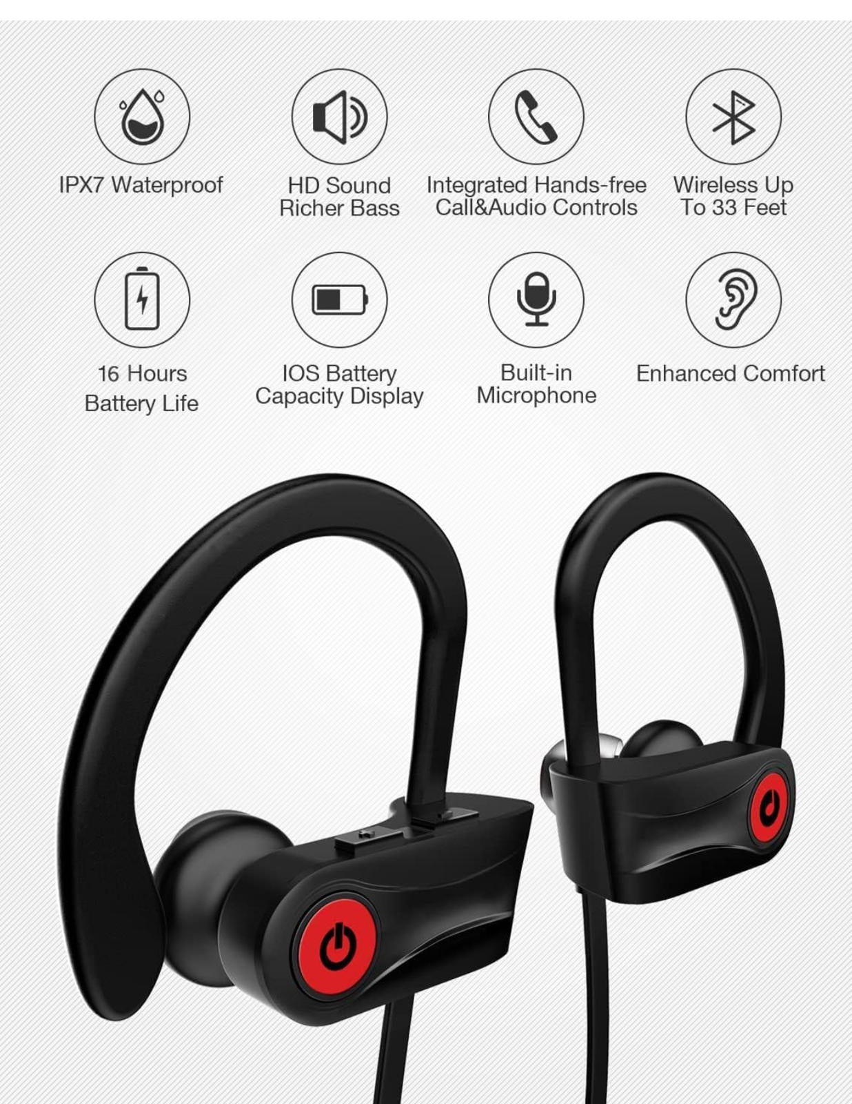 (MSRP $29.99) U18 Bluetooth Sports Earbuds – IPX7, Ear Hooks, 16 H Playtime