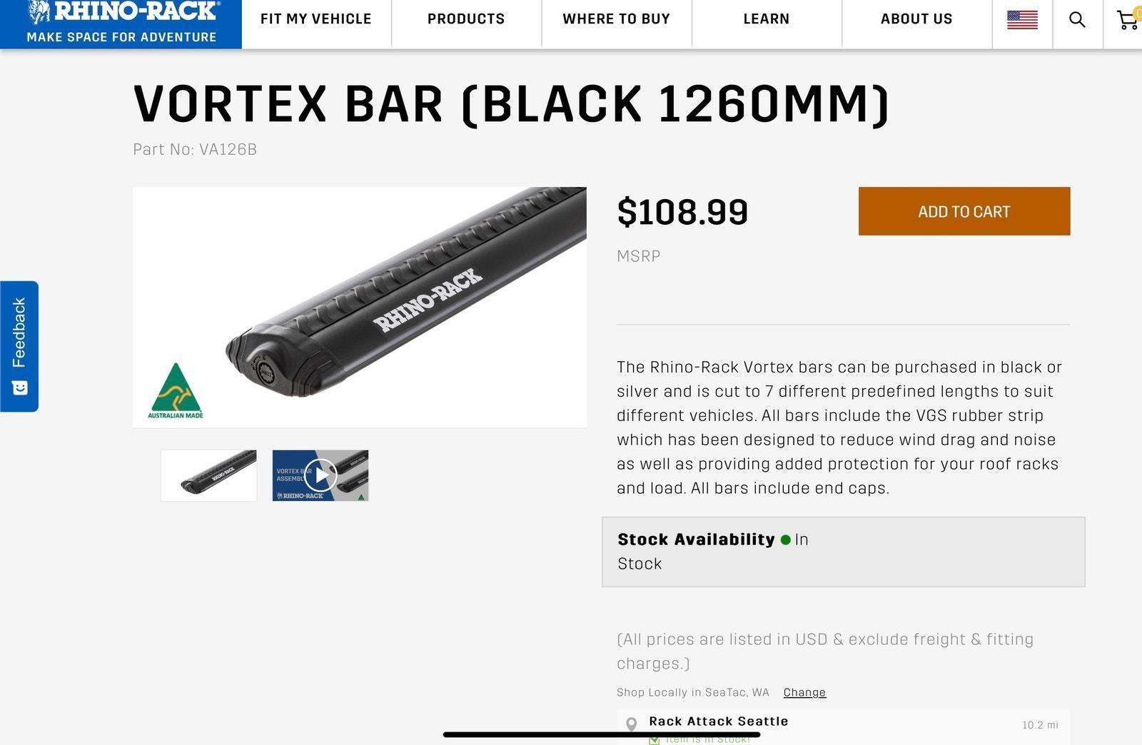 (NEW MSRP $538) RHINO RACK Vortex SX Roof Rack System