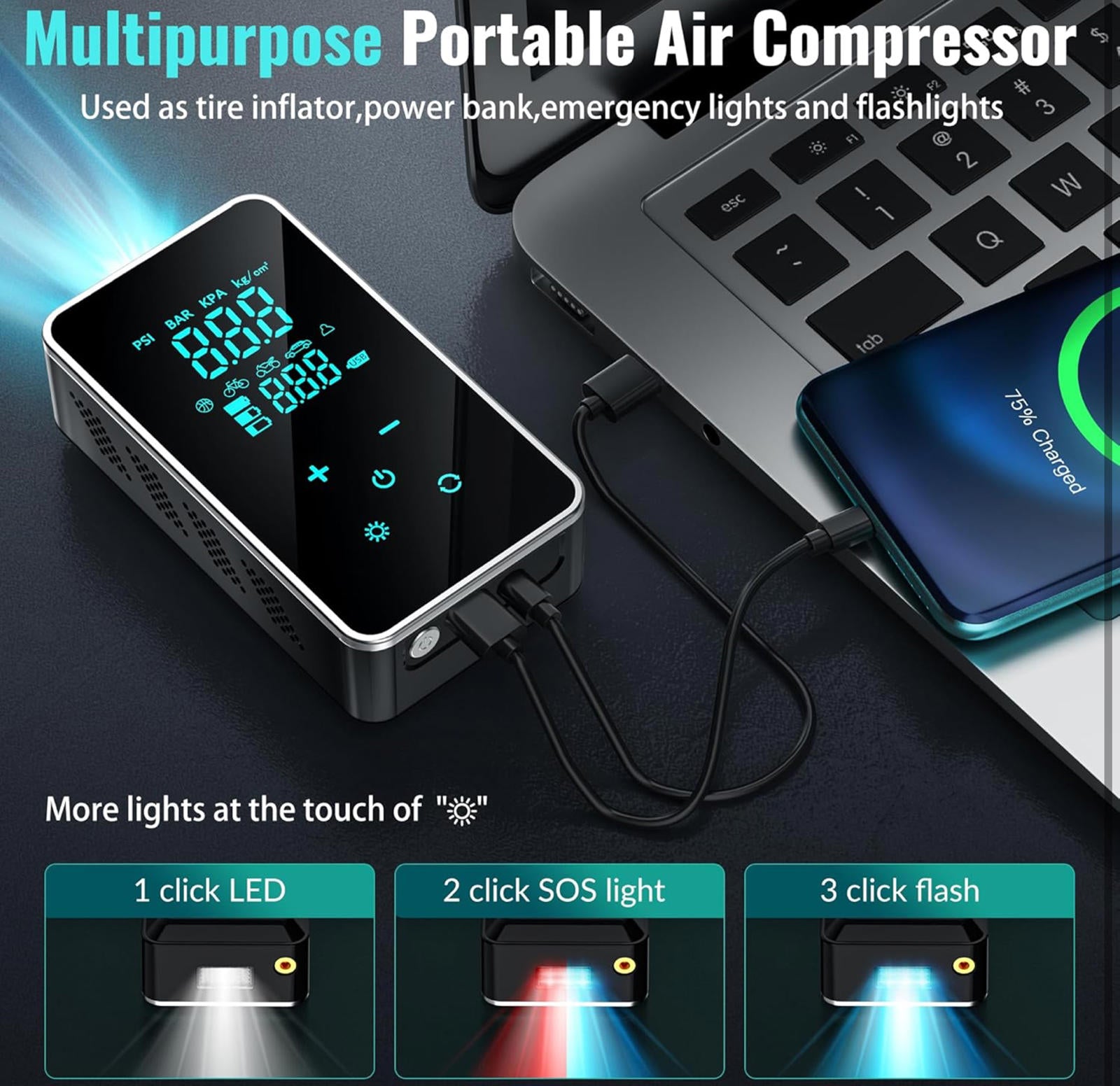 (MSRP $59.99) 18,000mAh 150 PSI Portable Tire Inflator,Touch Display, 4 Presets