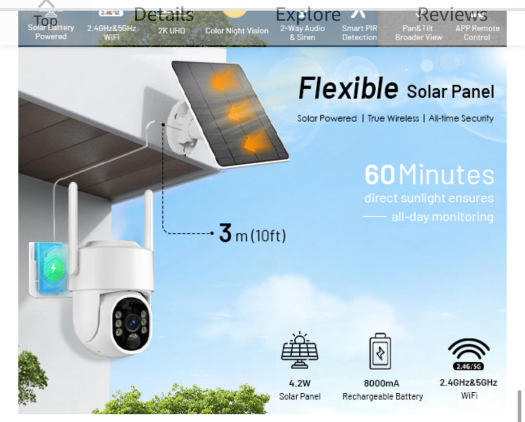 (MSRP $89.99) 2K Solar PTZ WiFi Outdoor Camera –Pan/Tilt, AI, Color Night Vision