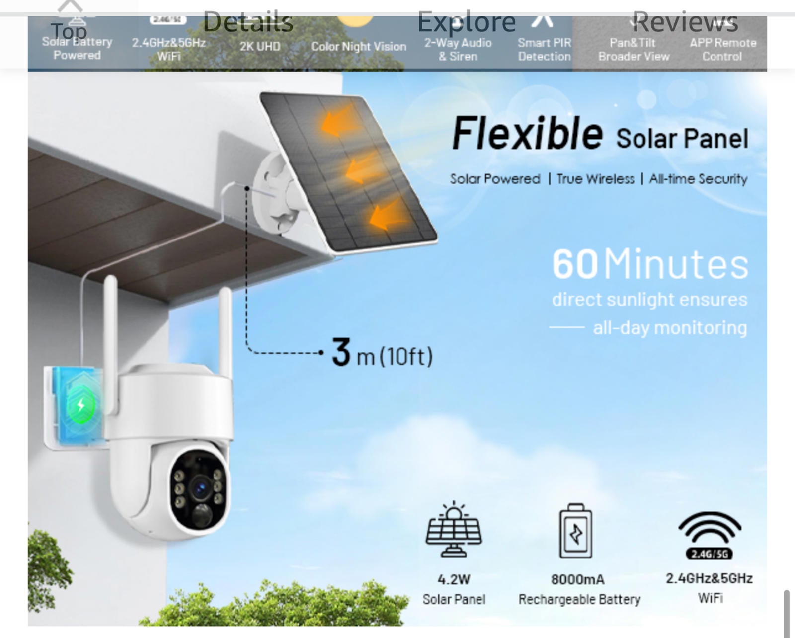 (MSRP $89.99) 2K Solar PTZ WiFi Outdoor Camera –Pan/Tilt, AI, Color Night Vision