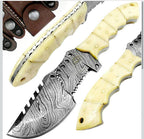 (NEW MSRP $69.99) 9.5” Camel Bone Damascus Tracker Knife– Handmade Outdoor Blade