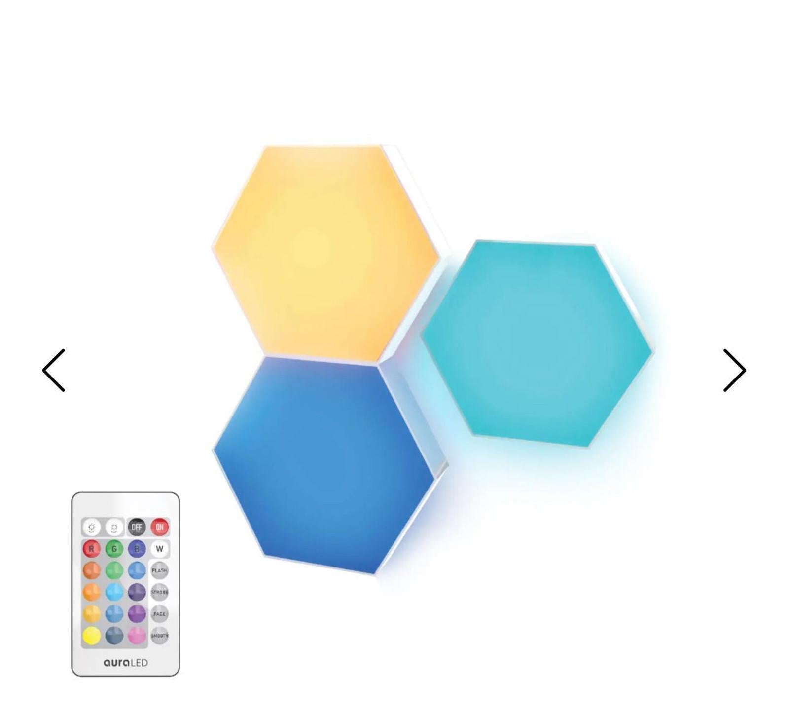 (NEW, $39.95) 3 AuraLED Hex Lights with touch & remote, for bedroom, den, gaming