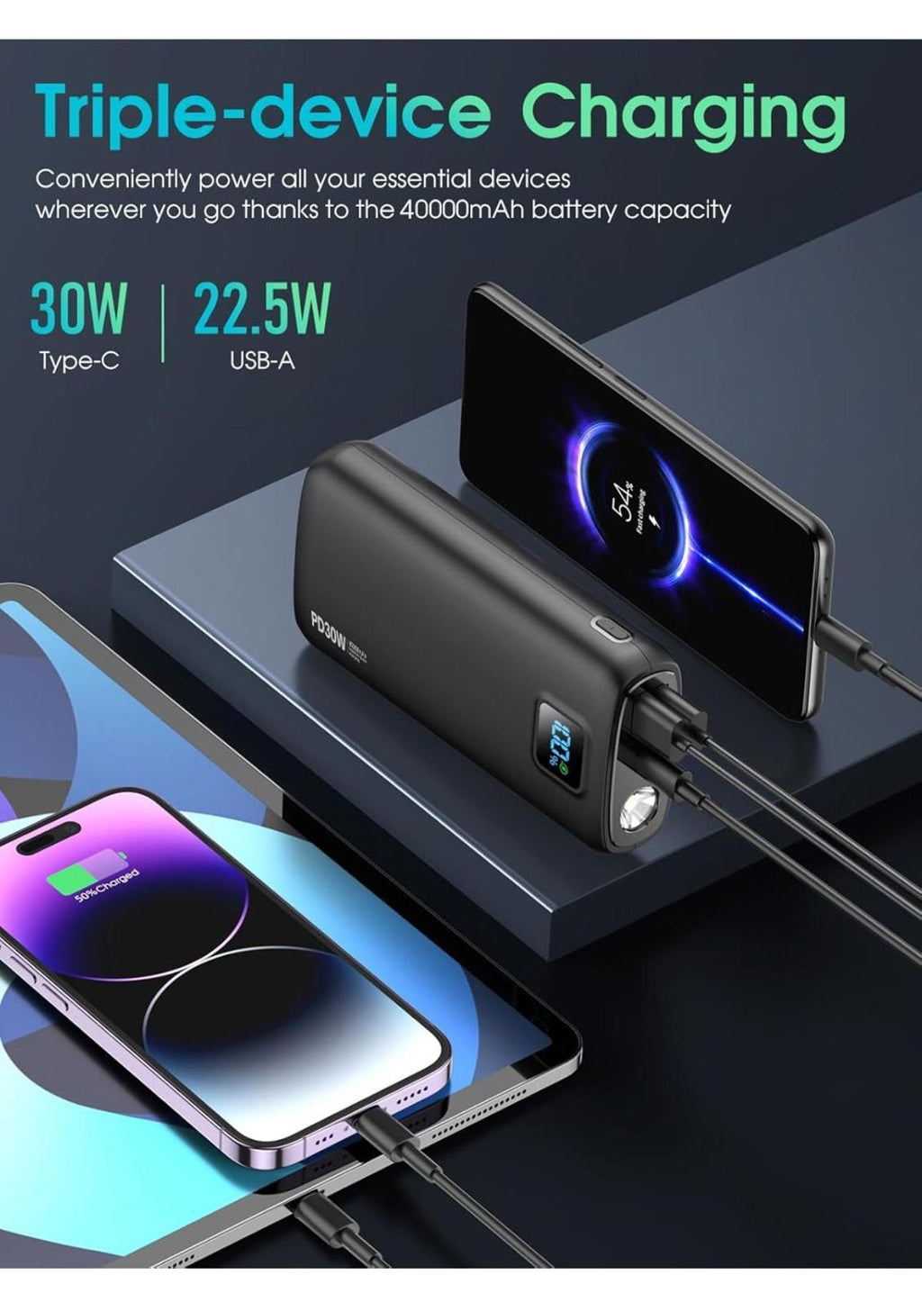 (NEW MSRP $39.99) Power Bank QC4.0+PD USB-C w/ LED Display & Flashlight