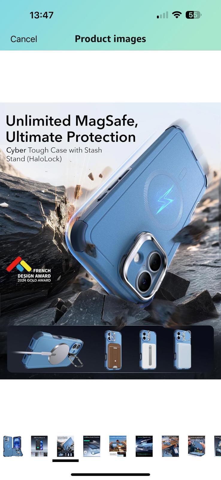 (open box) ESR iPhone 16 Blue Case with Stand, 23FT Military-Grade Protection