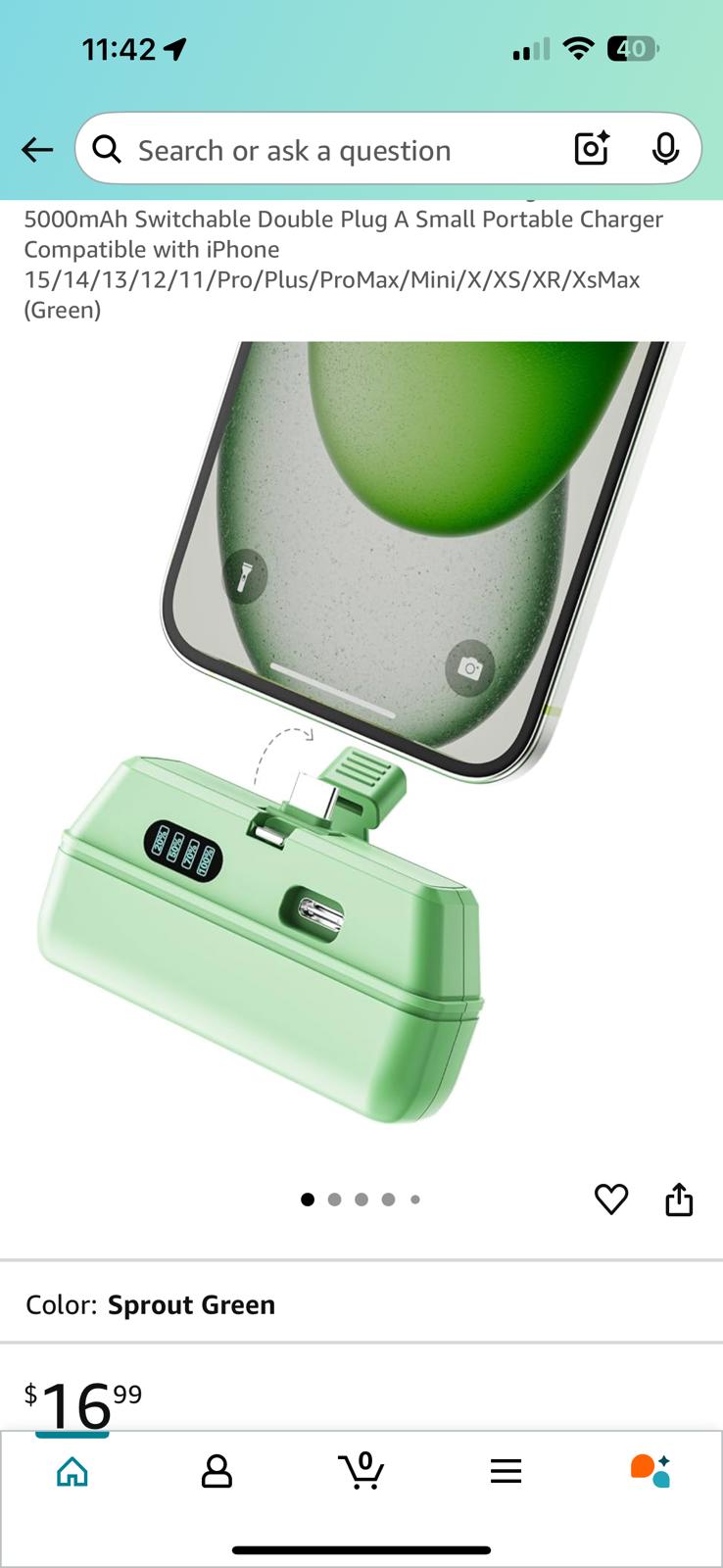 (MSRP $16.99) Phone Power Bank, iphone & USB-C 5000mAh Switchable Plug (Green)