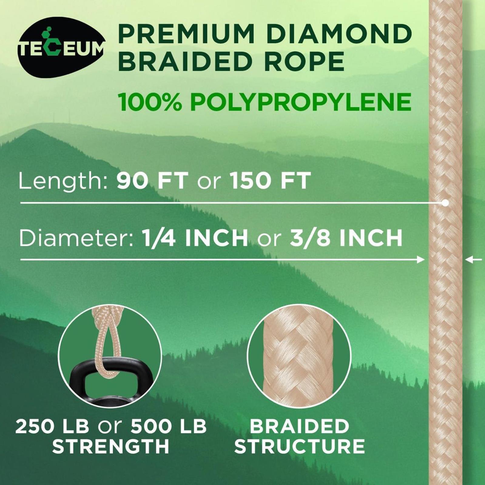 (MSRP $19.99) TECEUM 90 ft × 3/8 Polypropylene Utility Rope Diamond-Braided