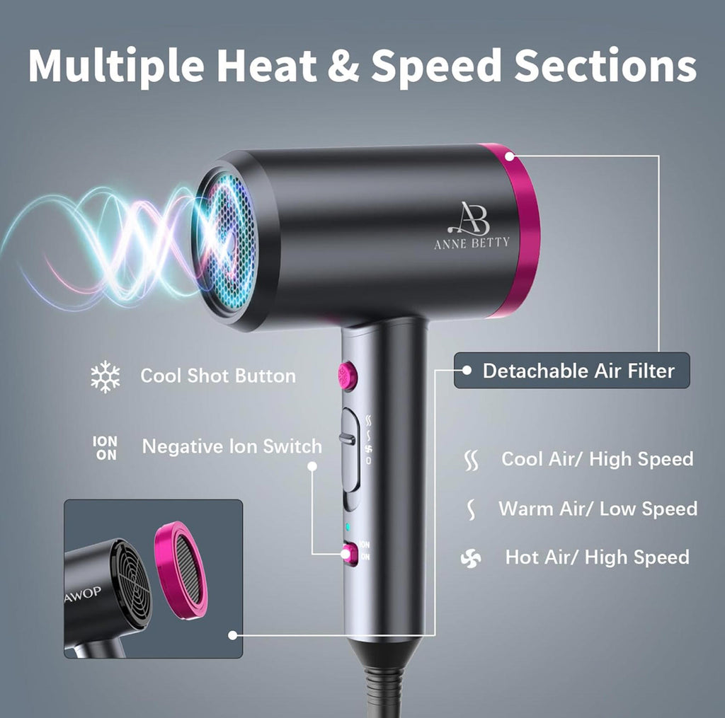 (MSRP $49.99) ANNE BETTY Ionic 1800W Hair Dryer with Diffuser & Nozzle
