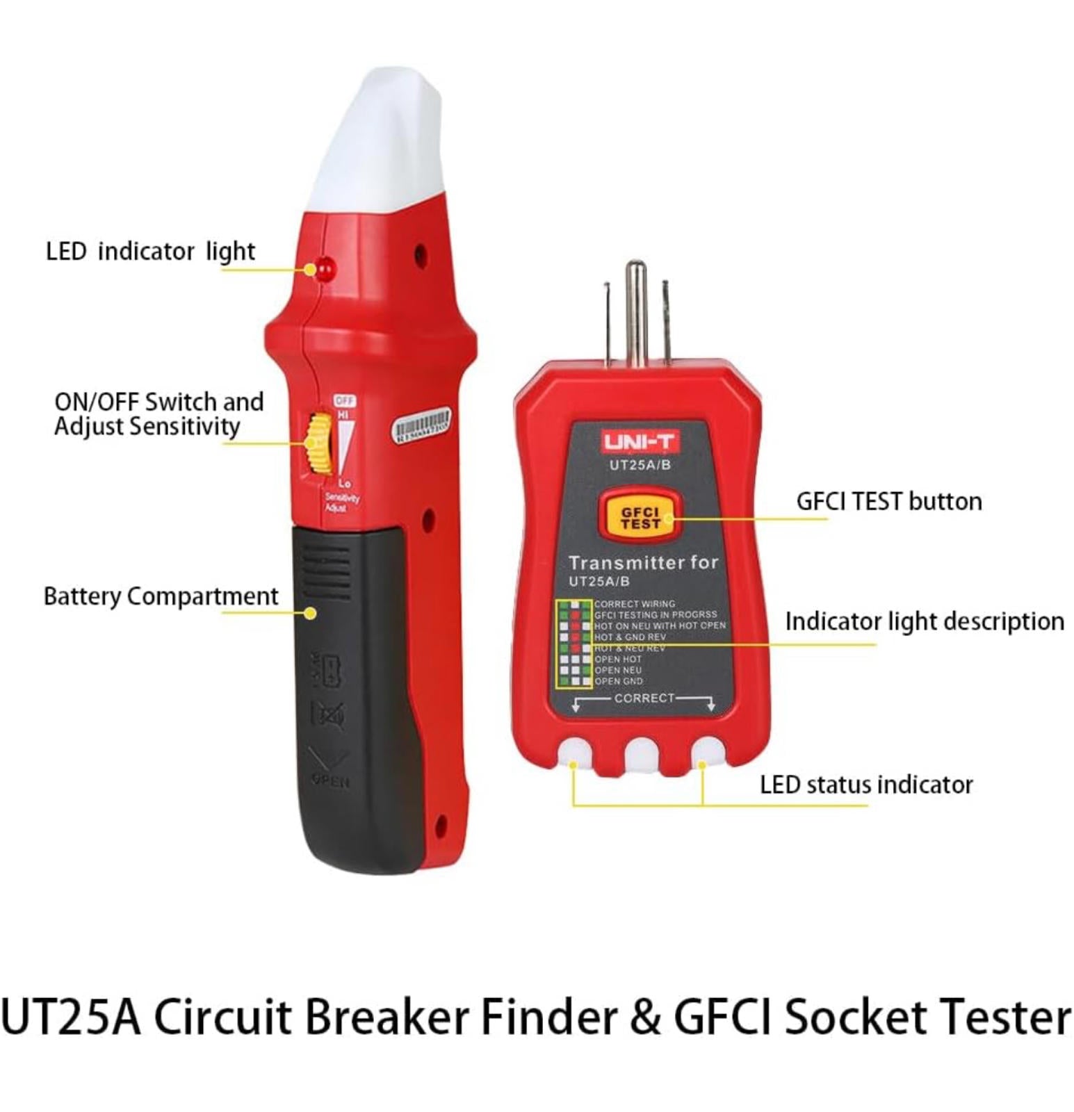 (MSRP $34.99) UNI‑T UT25A Circuit Breaker Finder + GFCI Tester – AC 90–120 V