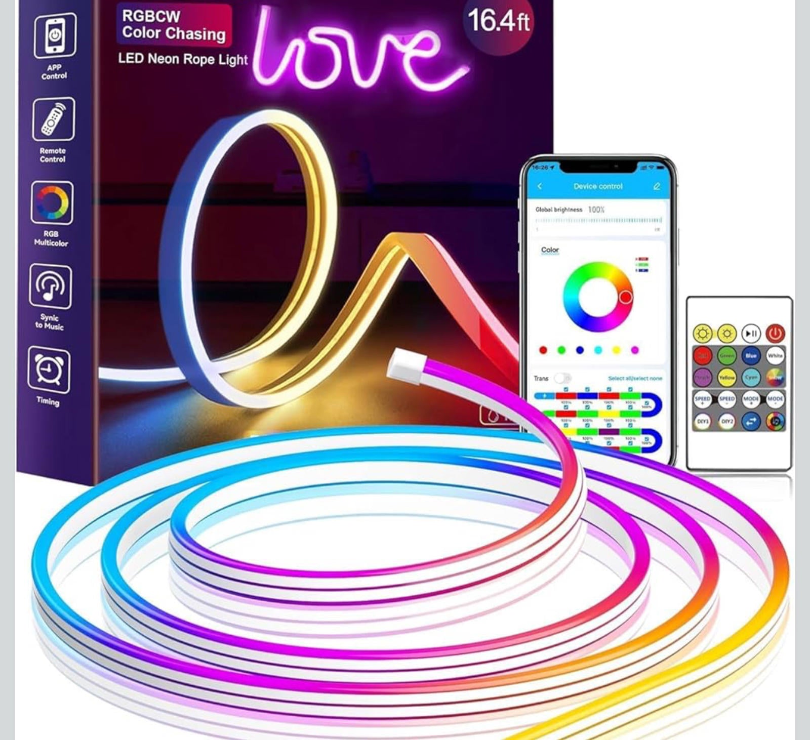 (MSRP $34.95) 16.4 Ft Neon Rope Light – Color‑Chasing, IP65 & App Controlled