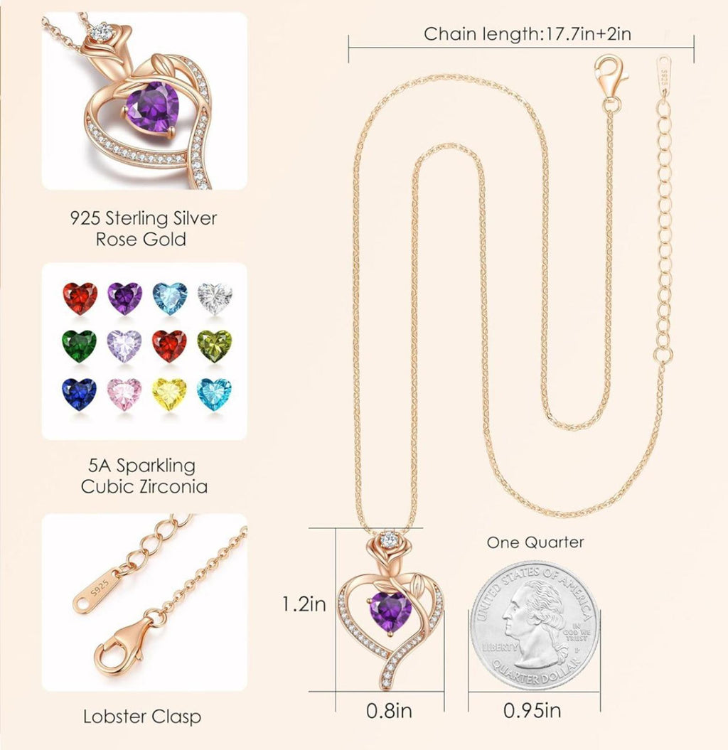 (NEW $89.99) LOUISA SECRET Rose Heart Feb Birthstone Necklace, 925 Silver
