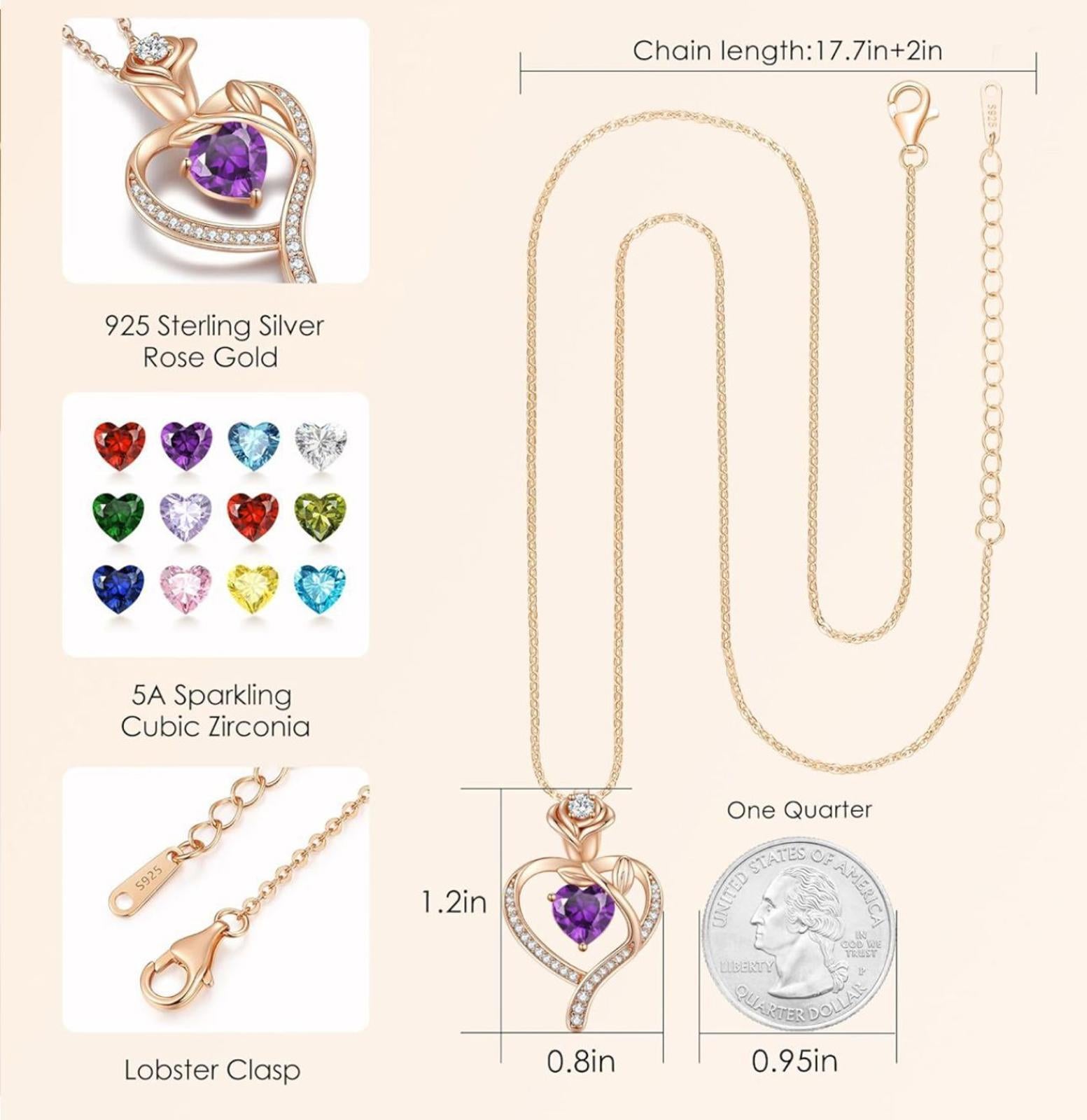 (NEW $89.99) LOUISA SECRET Rose Heart Feb Birthstone Necklace, 925 Silver