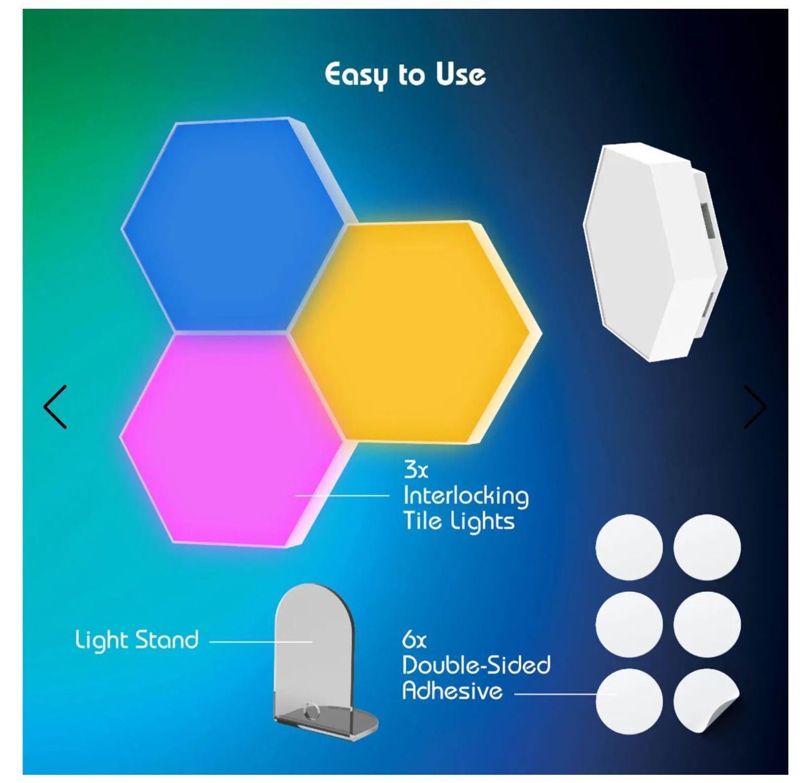 (NEW, $39.95) 3 AuraLED Hex Lights with touch & remote, for bedroom, den, gaming