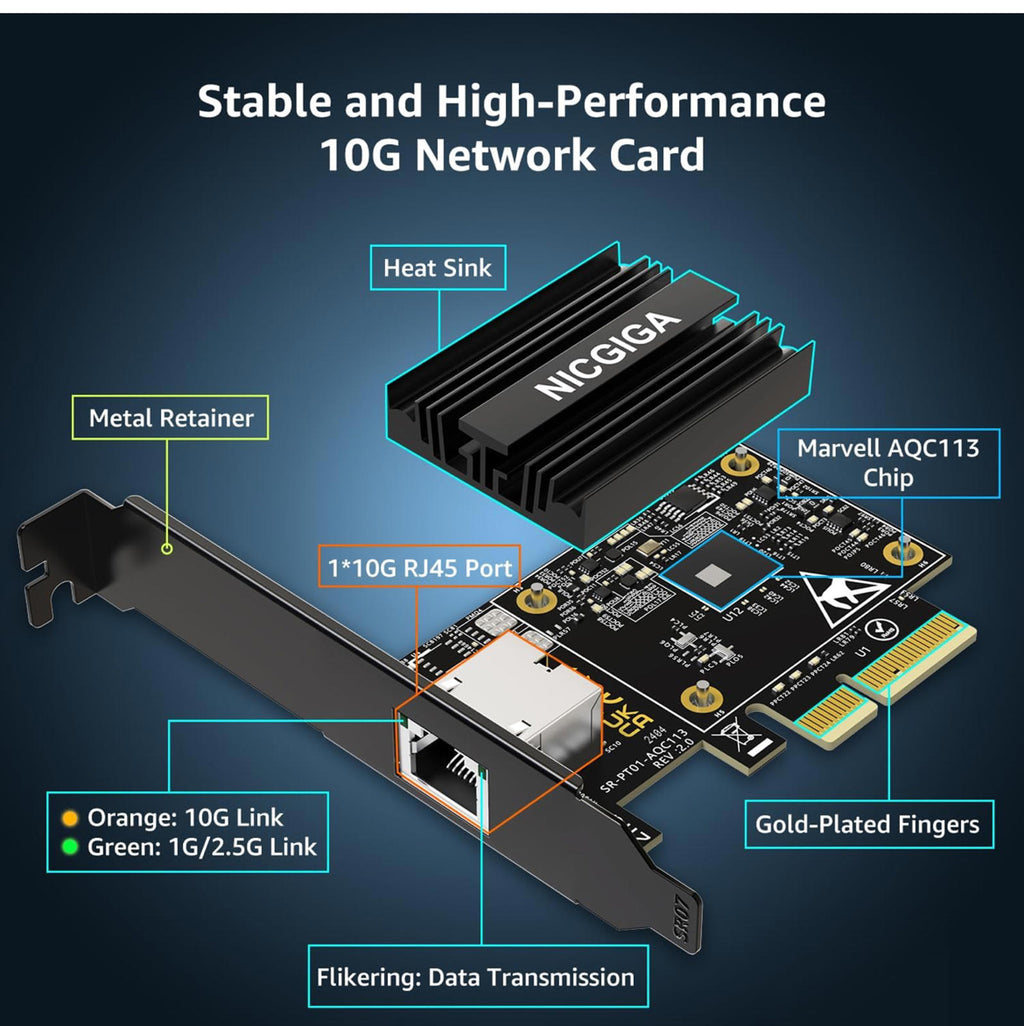 MSRP$89.99 NICGIGA 10G PCIe Network Card – Marvell AQC113, RJ45 Ethernet Adapter