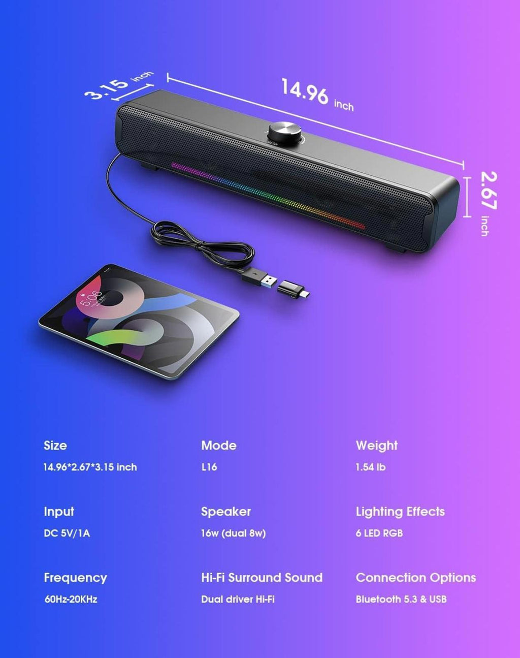 (MSRP $49.99) Bluetooth Dynamic RGB Soundbar, 16W Dual HiFi Stereo, USB-Powered