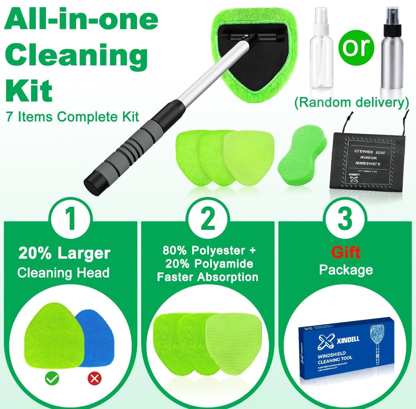 (MSRP $19.99) Windshield & Window Cleaner Tool Kit – 180° Pivot, Extendable