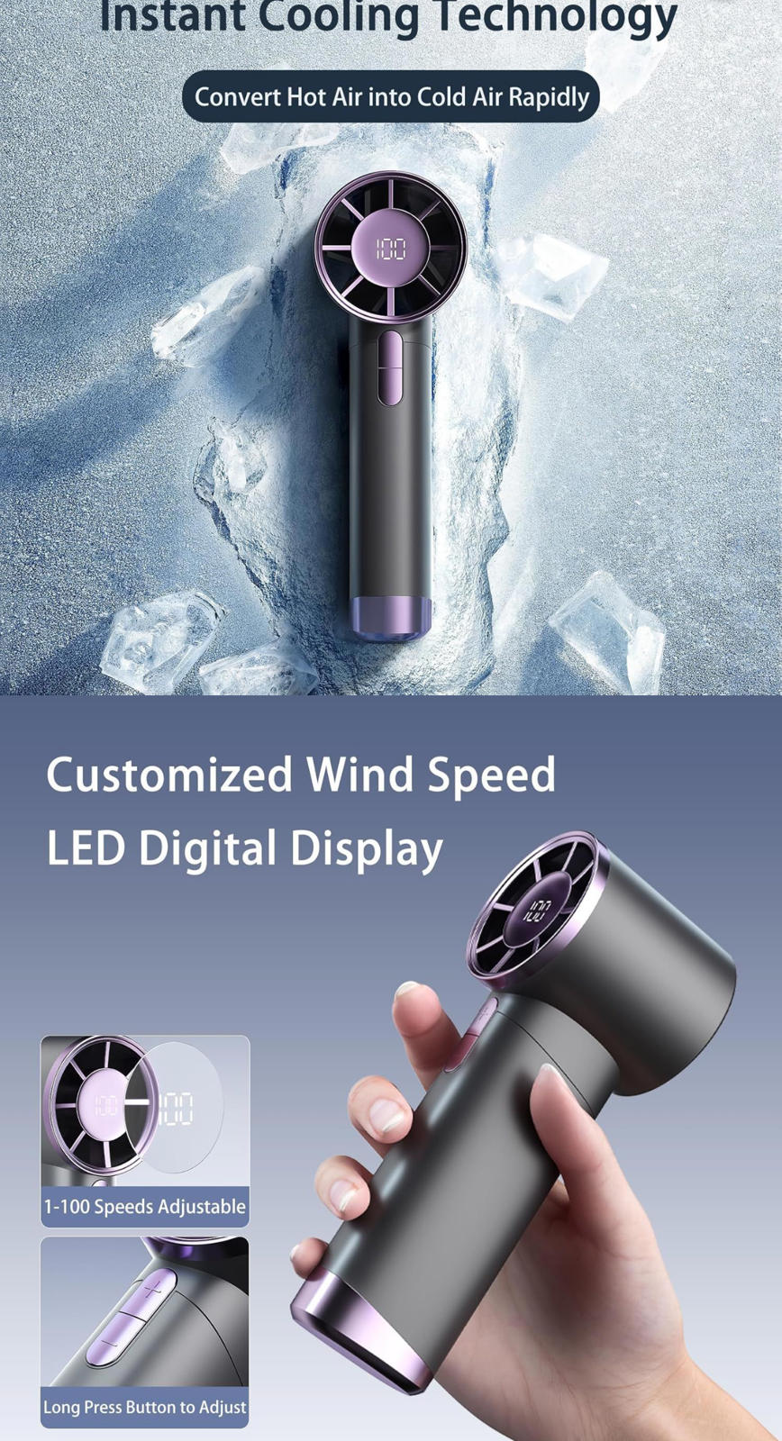 (MSRP $29.99) Turbo Pocket Fan – 100 Speeds, 4000 mAh, Digital LED Display