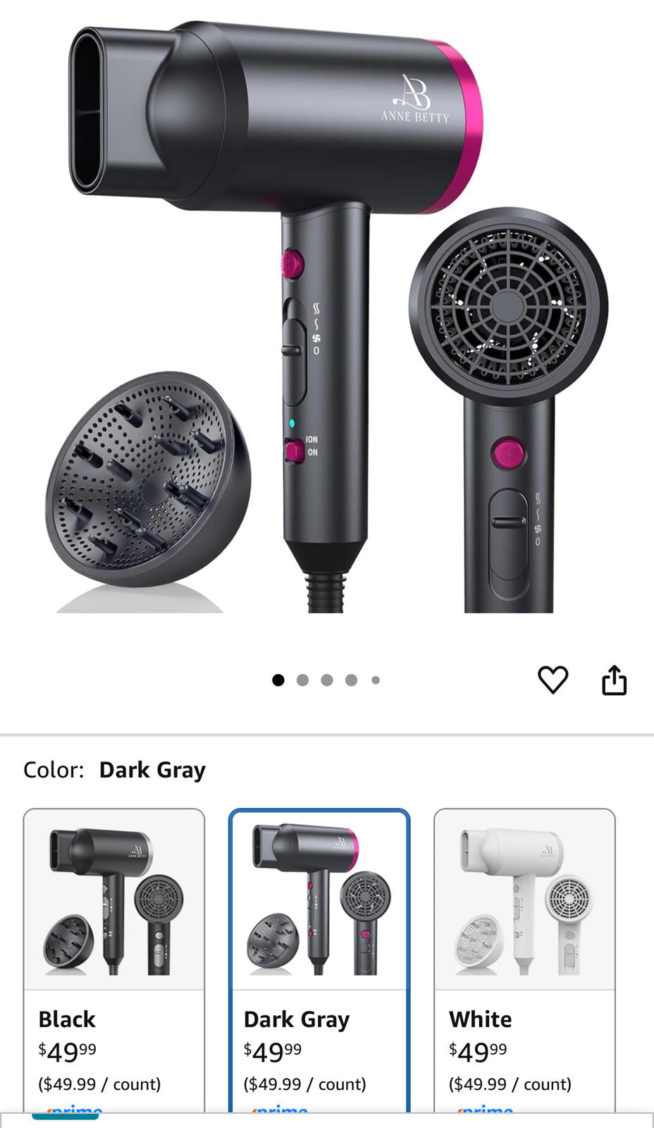 (MSRP $49.99) ANNE BETTY Ionic 1800W Hair Dryer with Diffuser & Nozzle