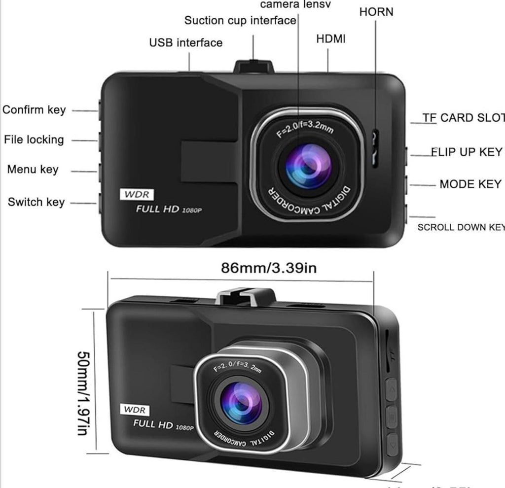(MSRP $39.99) 3” 1080p Dash Cam 170° Wide Angle, Night Vision, G-Sensor, Loop Re