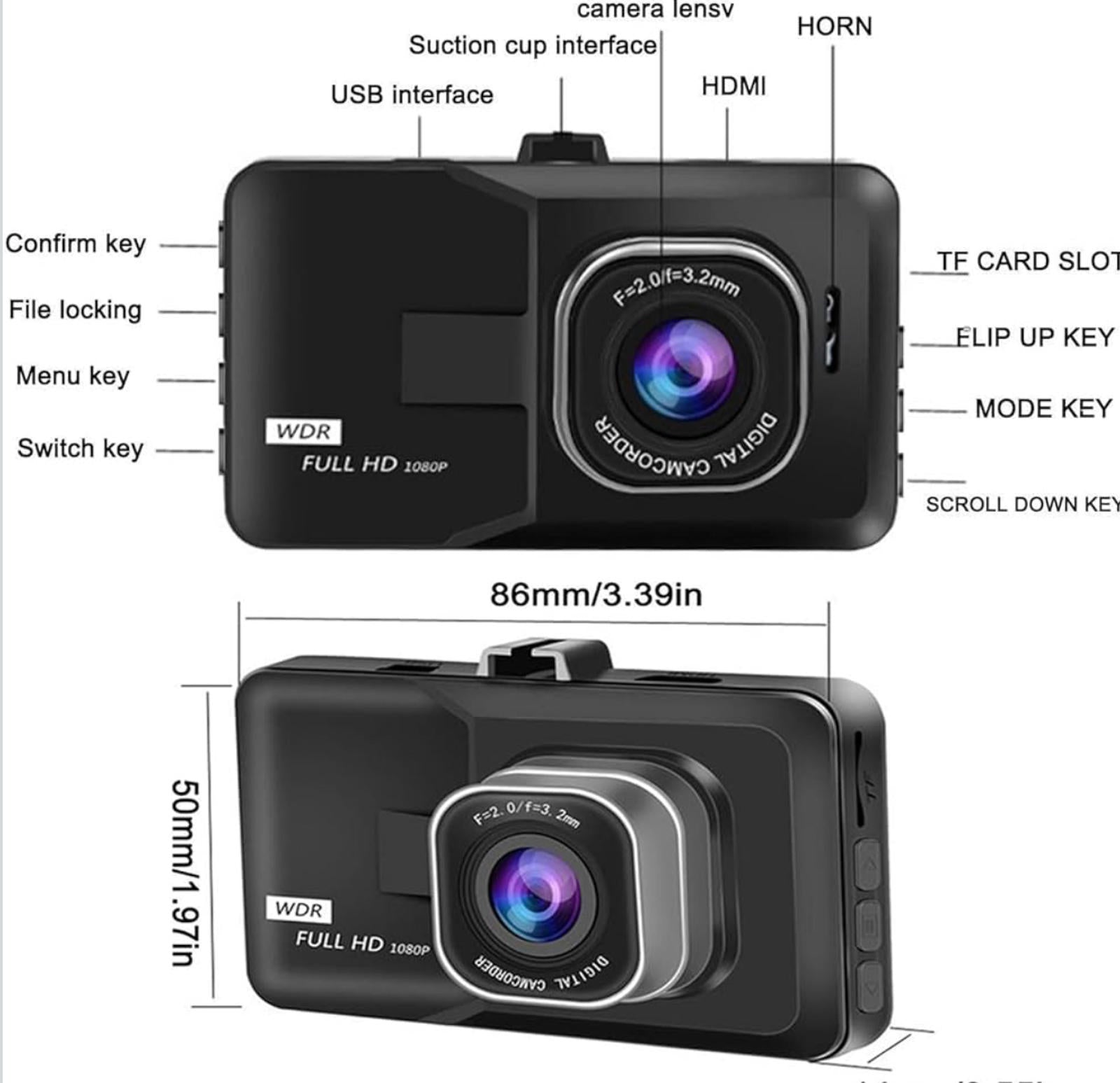 (MSRP $39.99) 3” 1080p Dash Cam 170° Wide Angle, Night Vision, G-Sensor, Loop Re