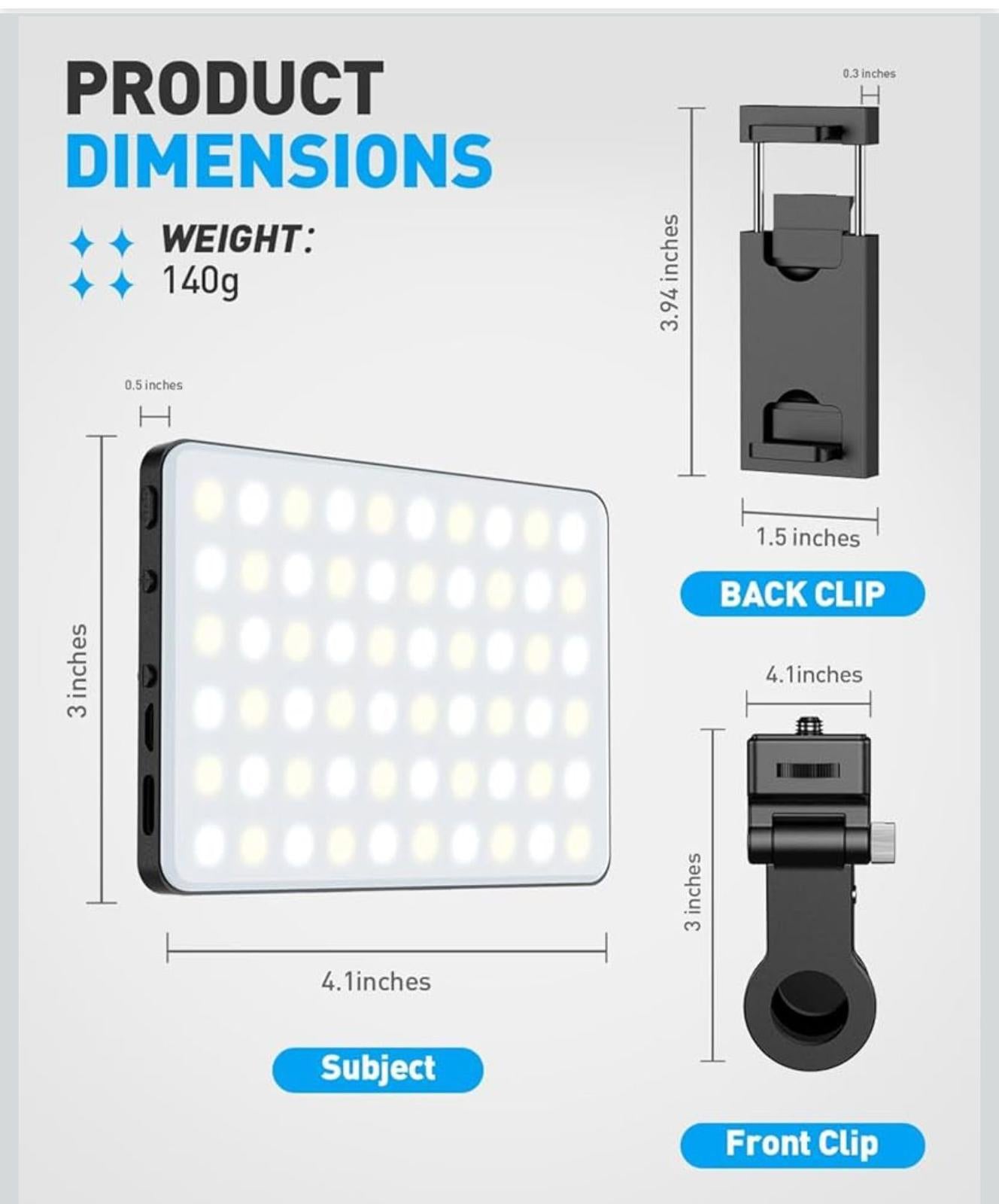 (NEW, MSRP $49) Portable LED Selfie / Fill Photo Light, USB-C, 4800mAh battery