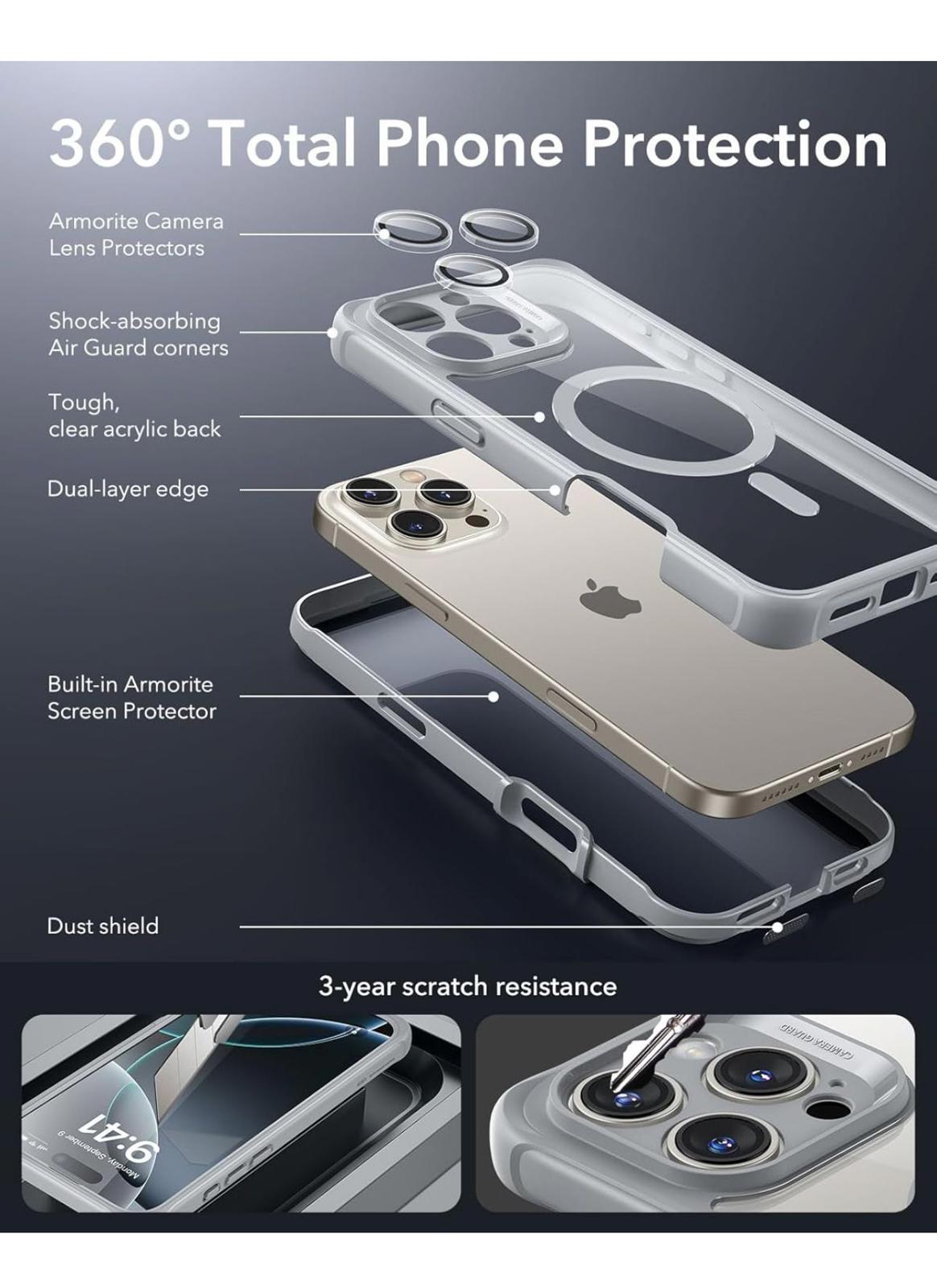 (New, open box) ESR clear grey iPhone 16 Pro Case, MagSafe, Full-Body Military