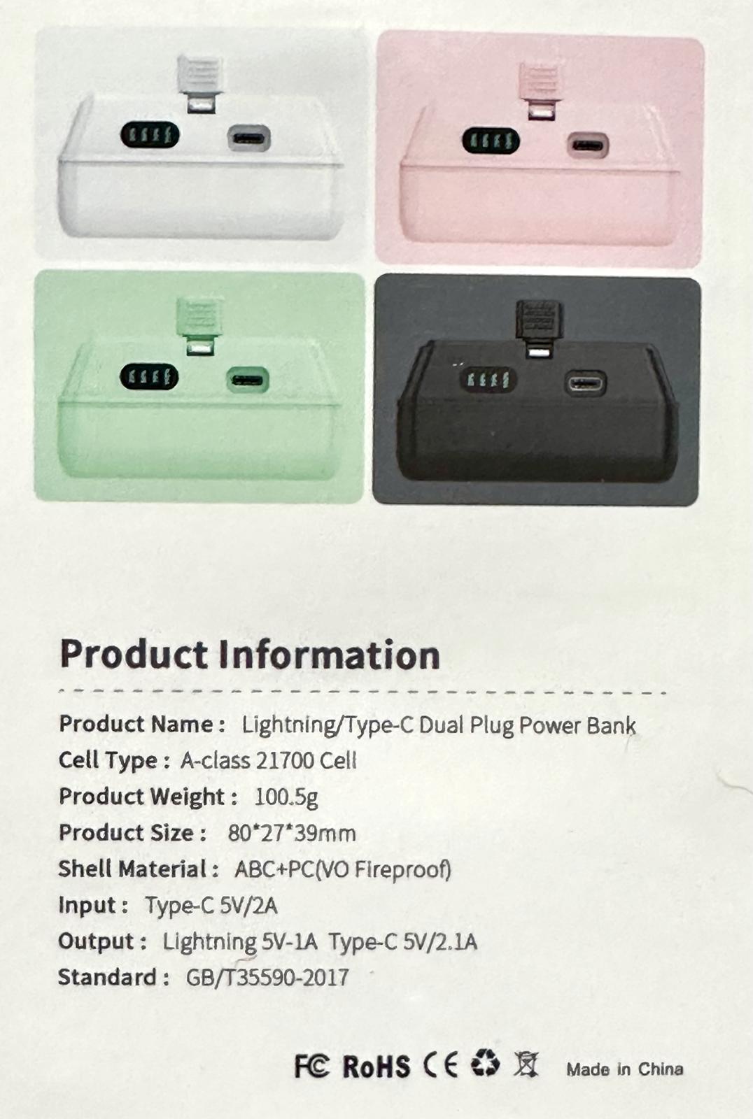(MSRP $16.99) Phone Power Bank, iPhone & USB-C 5000mAh Switchable Plug (PINK)