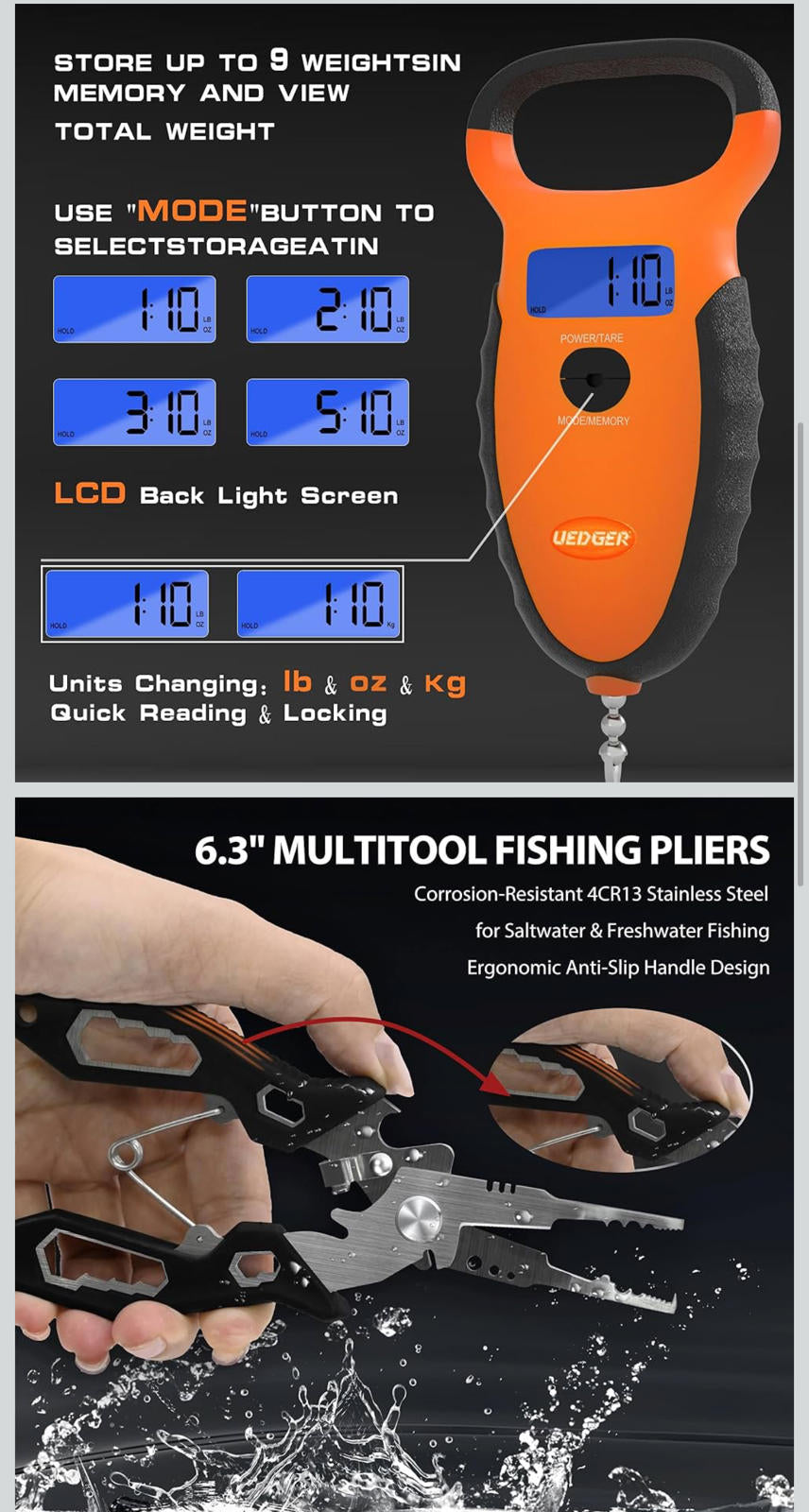 (MSRP $29.99) UEDGER Fishing Tool Kit – Pliers, Scale & Lip Gripper (1.5 lb)